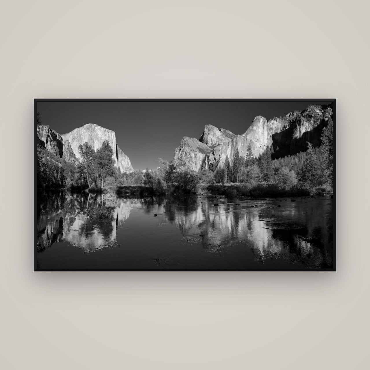 Yosemite Calm Reflection, Valley View — Basel Black, 160×90 cm. New Zealand fine art wall art by Stephen Milner.