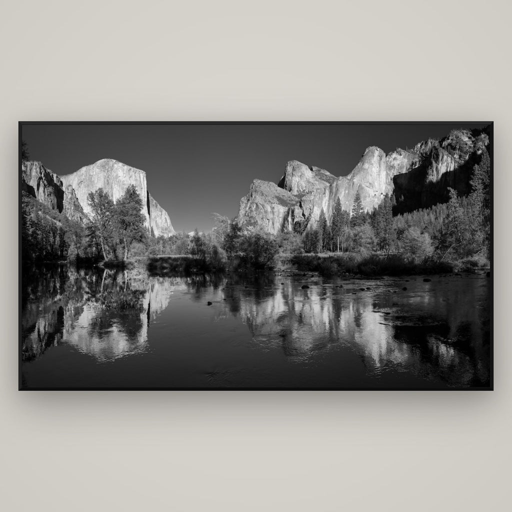 Yosemite Calm Reflection, Valley View — Basel Black Matte, 196×110 cm. New Zealand fine art wall art by Stephen Milner.