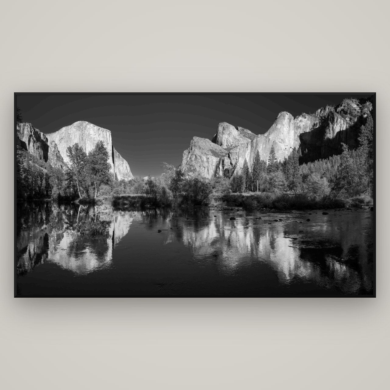 Yosemite Calm Reflection, Valley View — Basel Black, 196×110 cm. New Zealand fine art wall art by Stephen Milner.