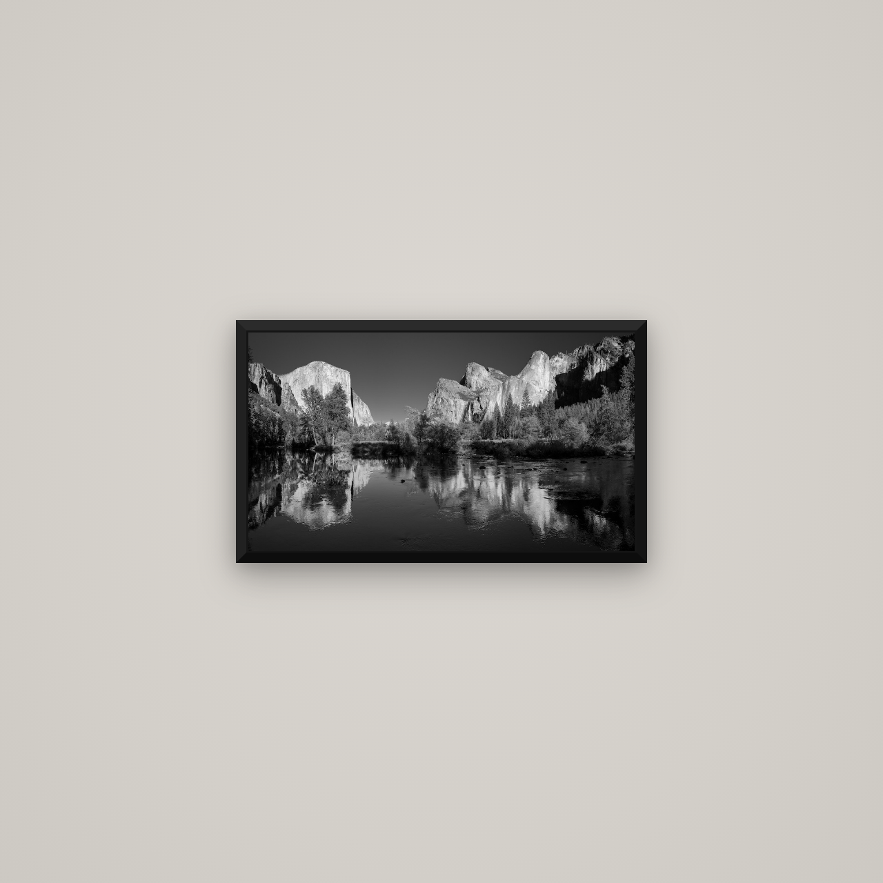 Yosemite Calm Reflection, Valley View — Basel Black Matte, 53×30 cm. New Zealand fine art wall art by Stephen Milner.