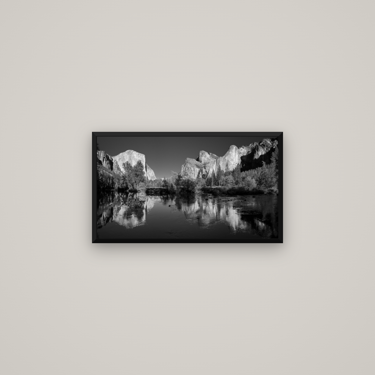 Yosemite Calm Reflection, Valley View — Basel Black Matte, 64×36 cm. New Zealand fine art wall art by Stephen Milner.