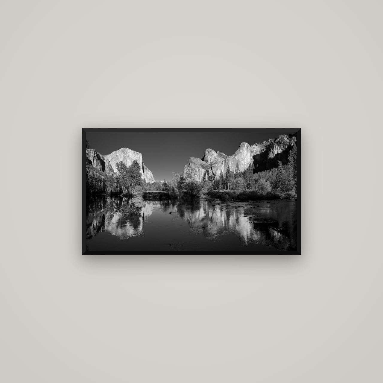 Yosemite Calm Reflection, Valley View — Basel Black Matte, 80×45 cm. New Zealand fine art wall art by Stephen Milner.
