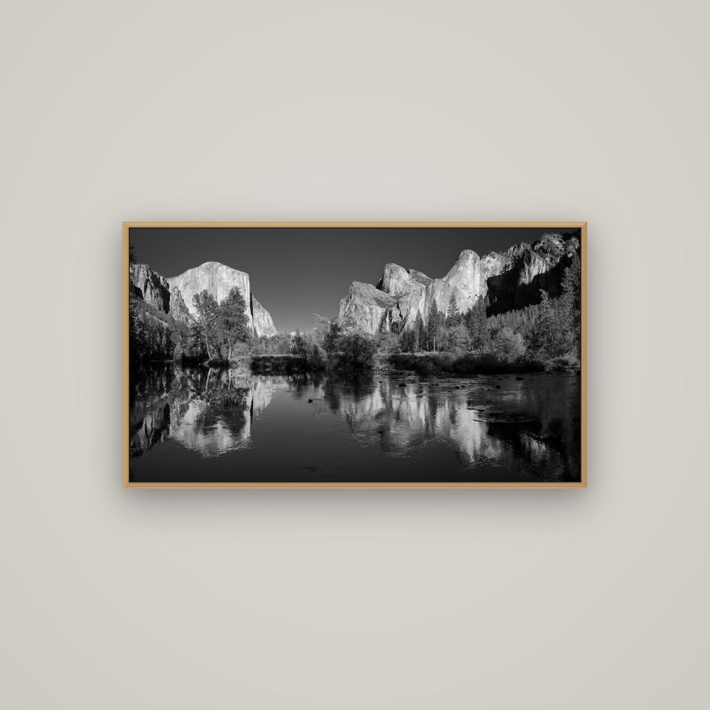 Yosemite Calm Reflection, Valley View, Basel Natural Oak, 107×60 cm. New Zealand fine art wall art by Stephen Milner.