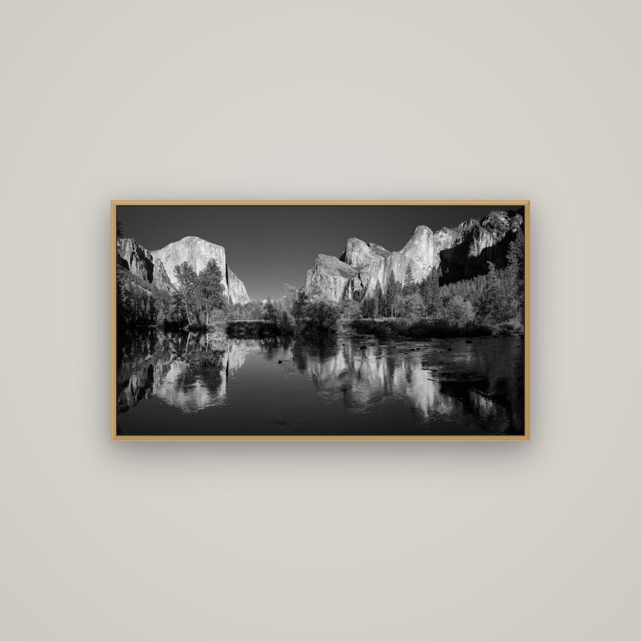 Yosemite Calm Reflection, Valley View, Basel Natural Oak, 107×60 cm. New Zealand fine art wall art by Stephen Milner.