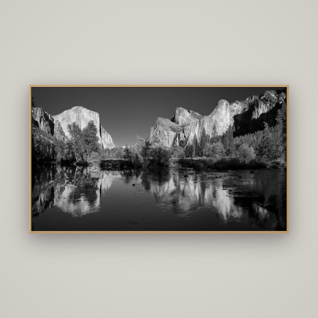 Yosemite Calm Reflection, Valley View, Basel Natural Oak, 160×90 cm. New Zealand fine art wall art by Stephen Milner.