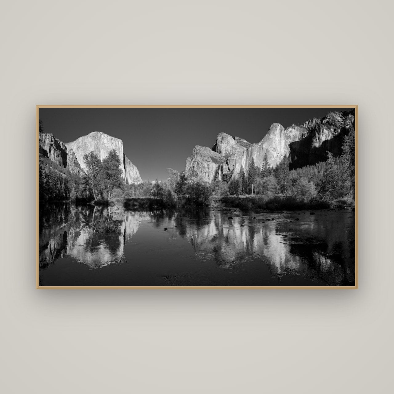 Yosemite Calm Reflection, Valley View, Basel Natural Oak, 160×90 cm. New Zealand fine art wall art by Stephen Milner.