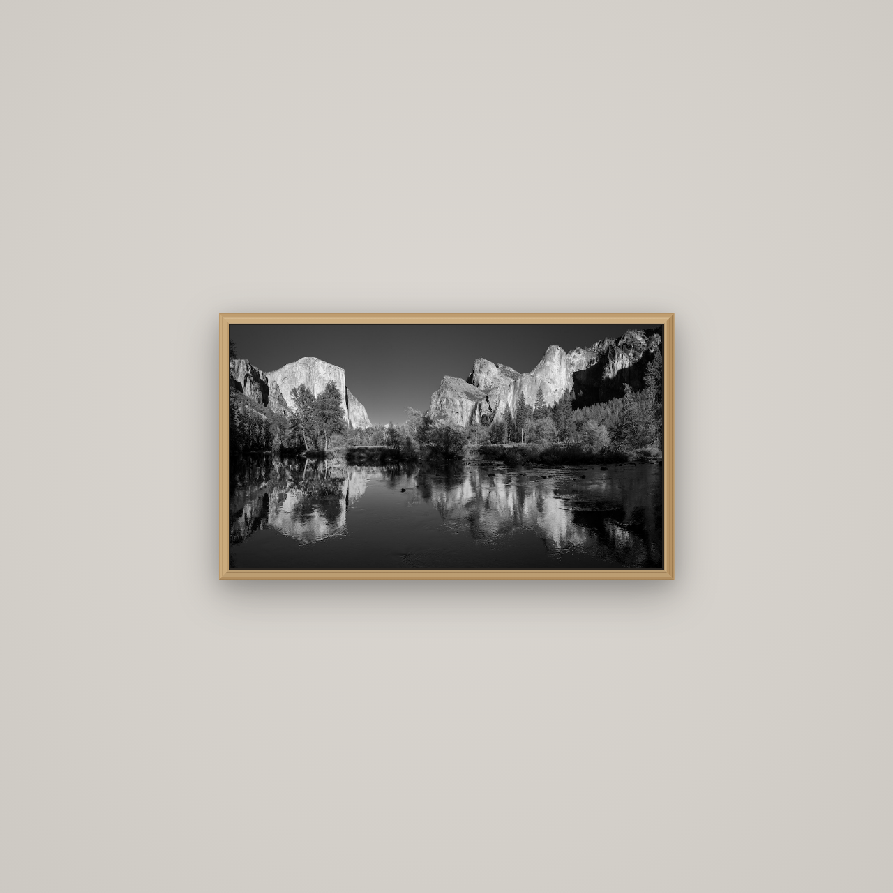 Yosemite Calm Reflection, Valley View, Basel Natural Oak, 64×36 cm. New Zealand fine art wall art by Stephen Milner.
