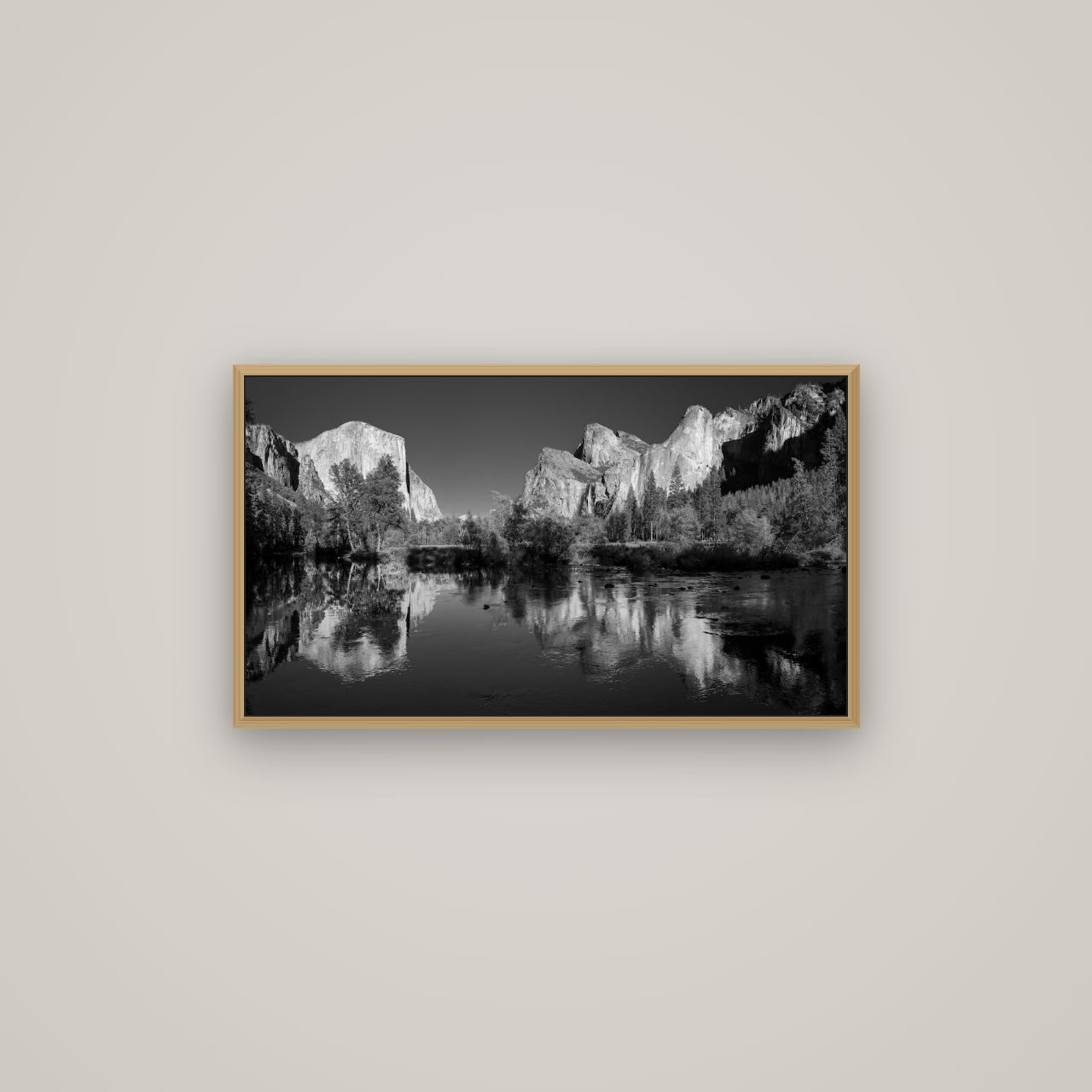 Yosemite Calm Reflection, Valley View, Basel Natural Oak, 80×45 cm. New Zealand fine art wall art by Stephen Milner.