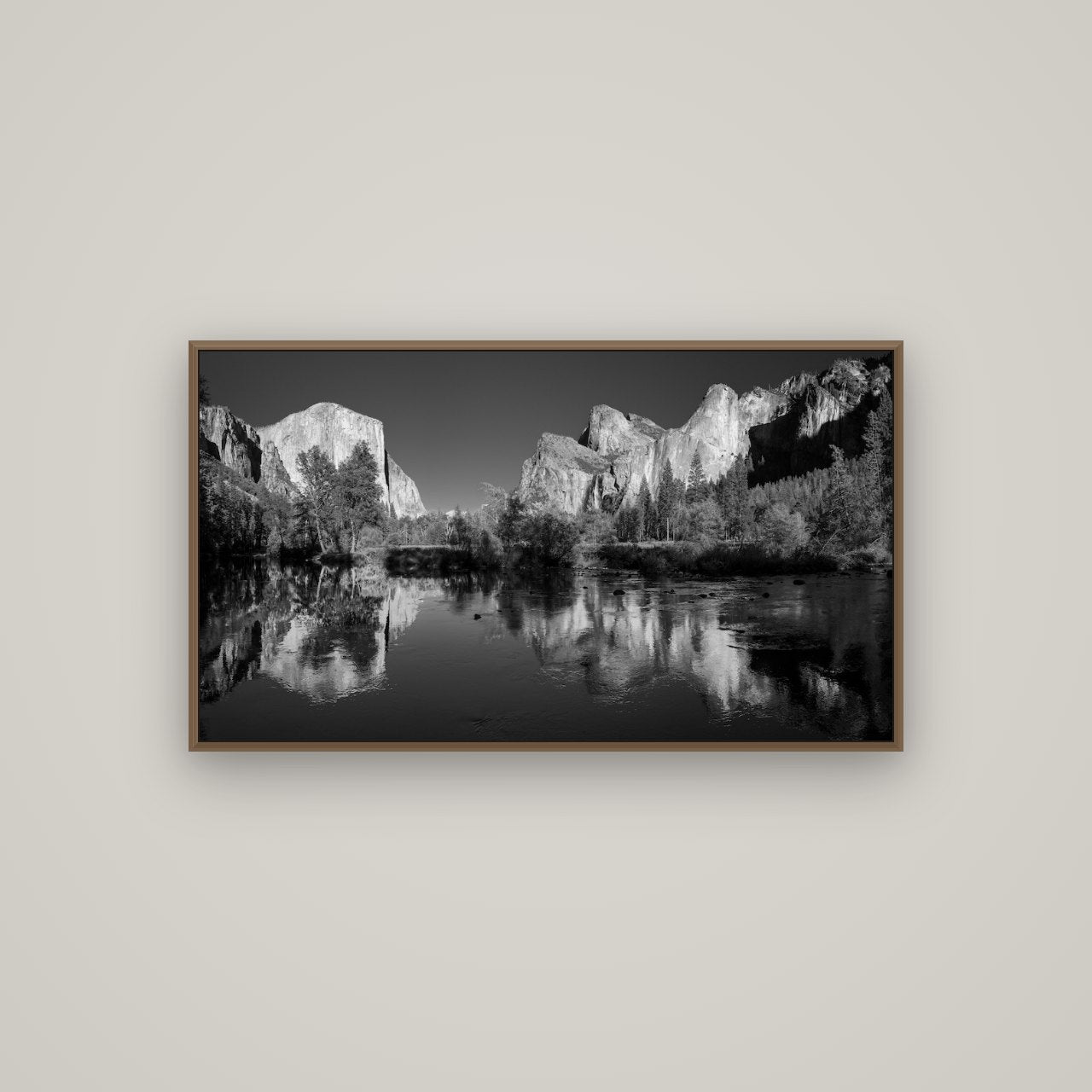 Yosemite Calm Reflection, Valley View, Basel Walnut, 107×60 cm. New Zealand fine art wall art by Stephen Milner.