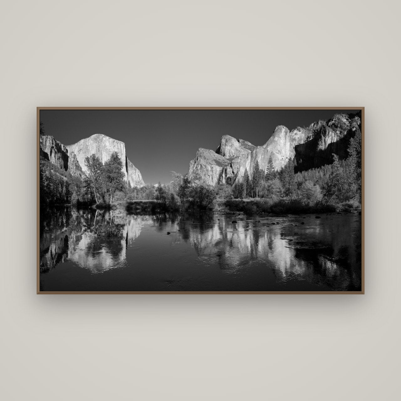 Yosemite Calm Reflection, Valley View, Basel Walnut, 160×90 cm. New Zealand fine art wall art by Stephen Milner.