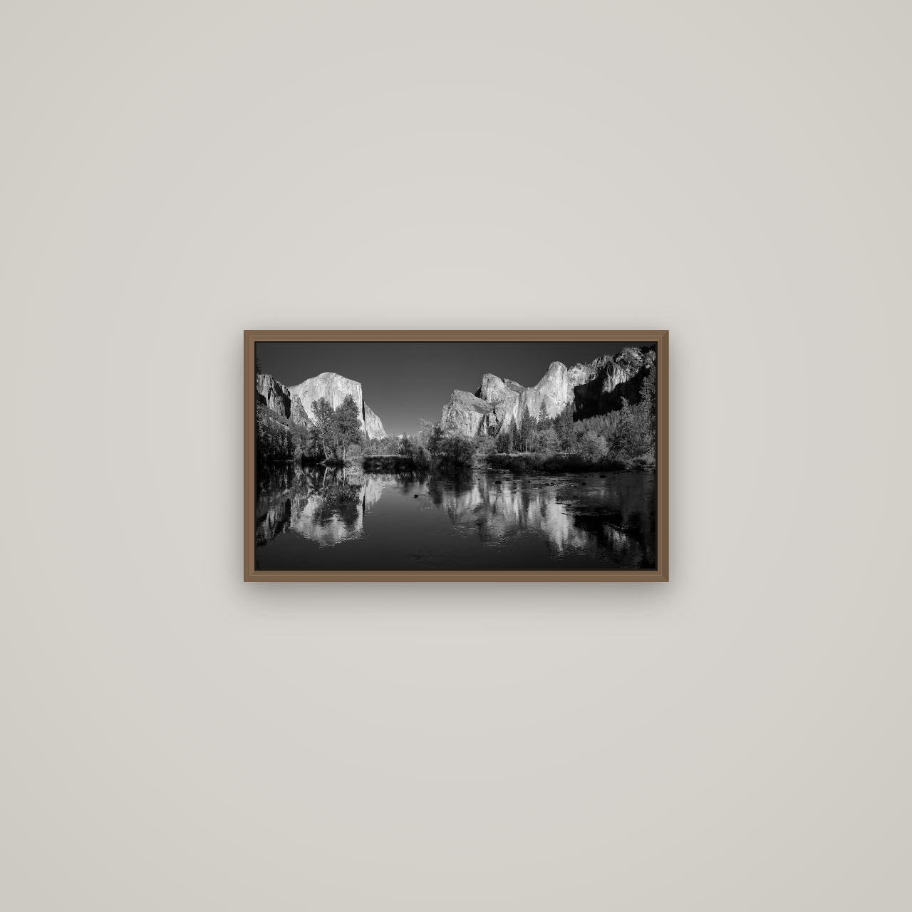 Yosemite Calm Reflection, Valley View, Basel Walnut, 53×30 cm. New Zealand fine art wall art by Stephen Milner.