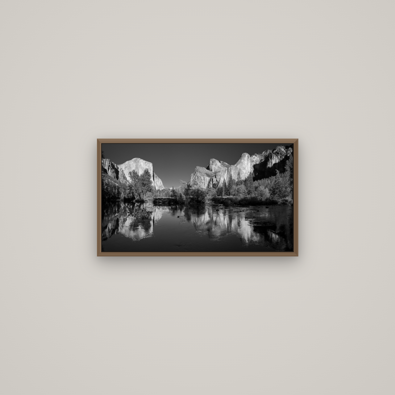Yosemite Calm Reflection, Valley View, Basel Walnut, 64×36 cm. New Zealand fine art wall art by Stephen Milner.