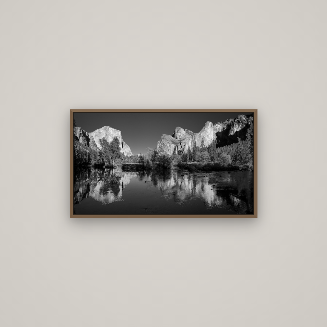 Yosemite Calm Reflection, Valley View, Basel Walnut, 80×45 cm. New Zealand fine art wall art by Stephen Milner.