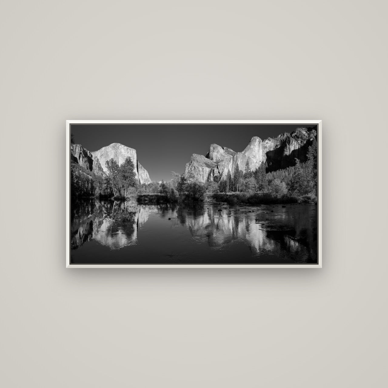 Yosemite Calm Reflection, Valley View — Basel White, 107×60 cm. New Zealand fine art wall art by Stephen Milner.