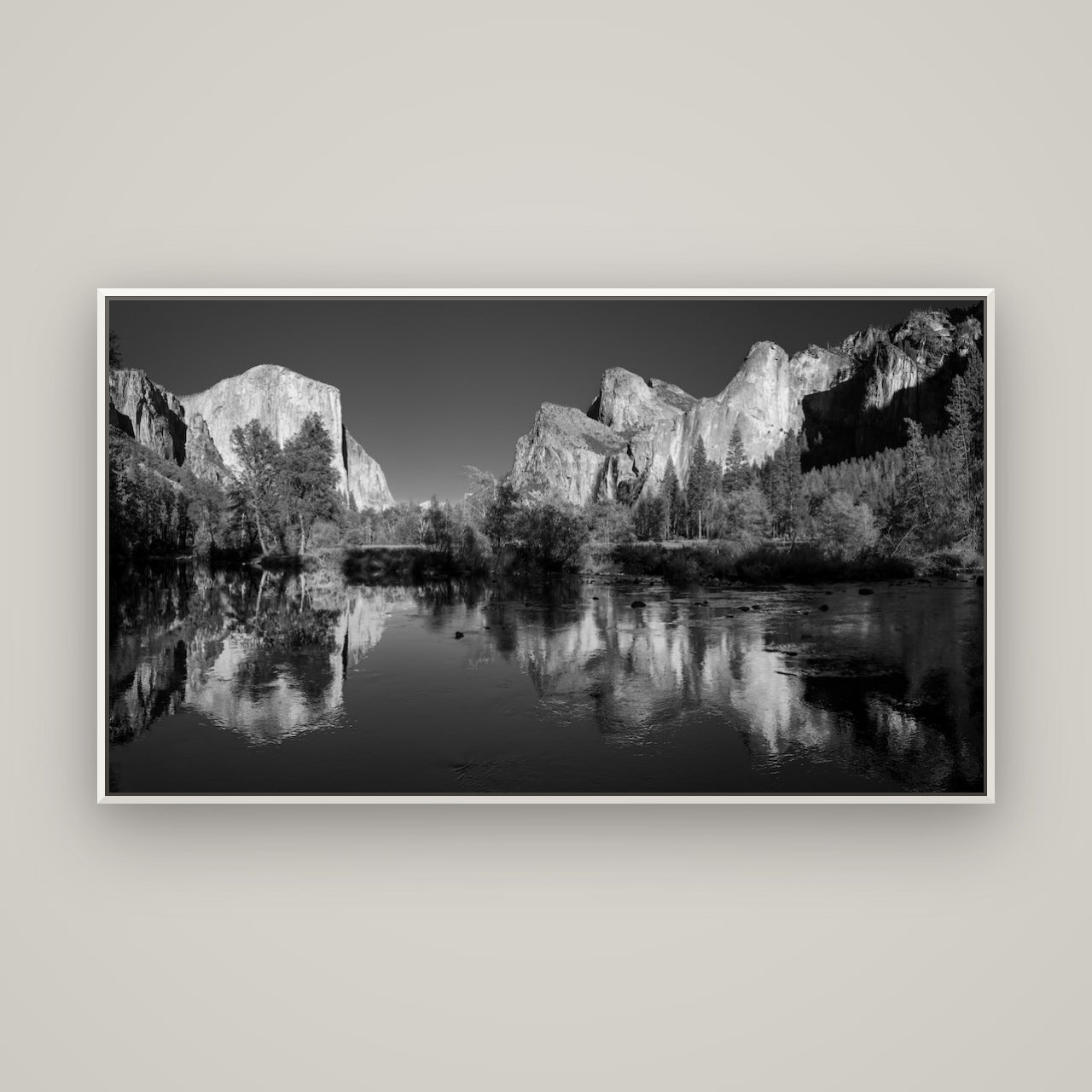 Yosemite Calm Reflection, Valley View — Basel White, 160×90 cm. New Zealand fine art wall art by Stephen Milner.