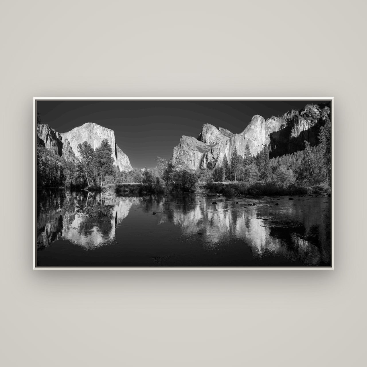 Yosemite Calm Reflection, Valley View — Basel White, 160×90 cm. New Zealand fine art wall art by Stephen Milner.