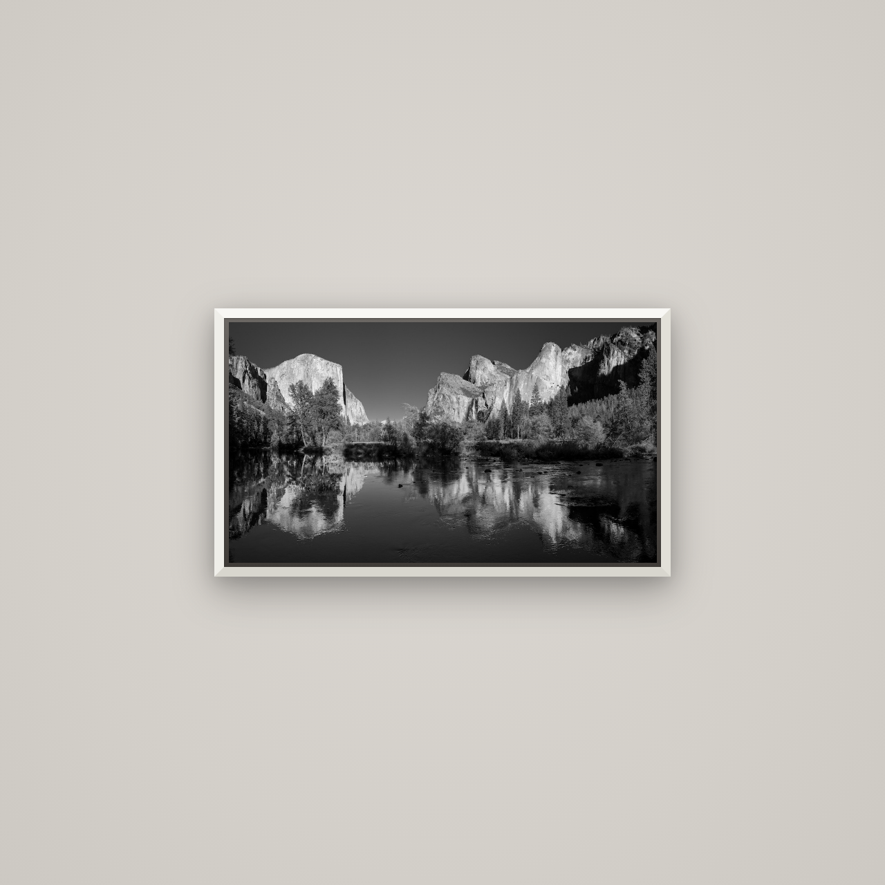 Yosemite Calm Reflection, Valley View — Basel White, 64×36 cm. New Zealand fine art wall art by Stephen Milner.