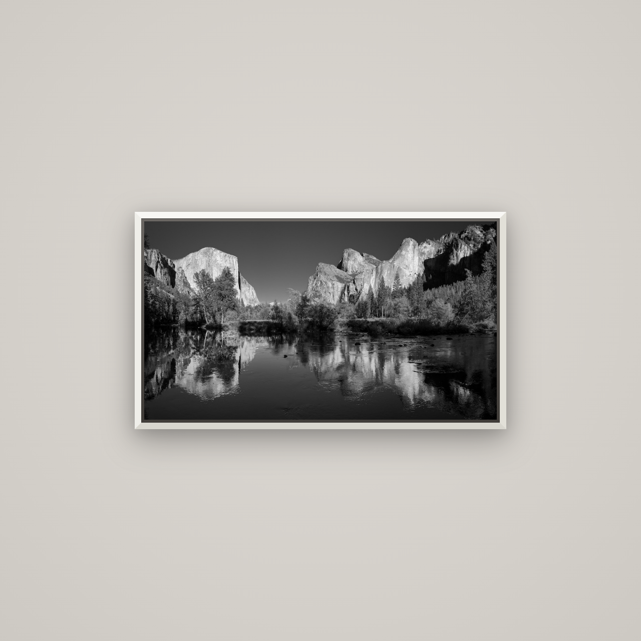 Yosemite Calm Reflection, Valley View — Basel White, 80×45 cm. New Zealand fine art wall art by Stephen Milner.