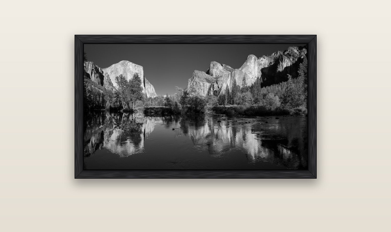 Yosemite Calm Reflection, Valley View — black float frame canvas, 102 × 56 cm. New Zealand fine art landscape wall art by Stephen Milner.