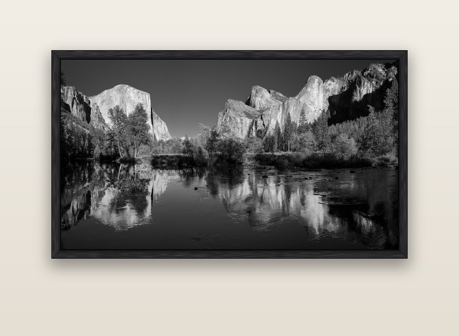 Yosemite Calm Reflection, Valley View — black float frame canvas, 152 × 86 cm. New Zealand fine art landscape wall art by Stephen Milner.