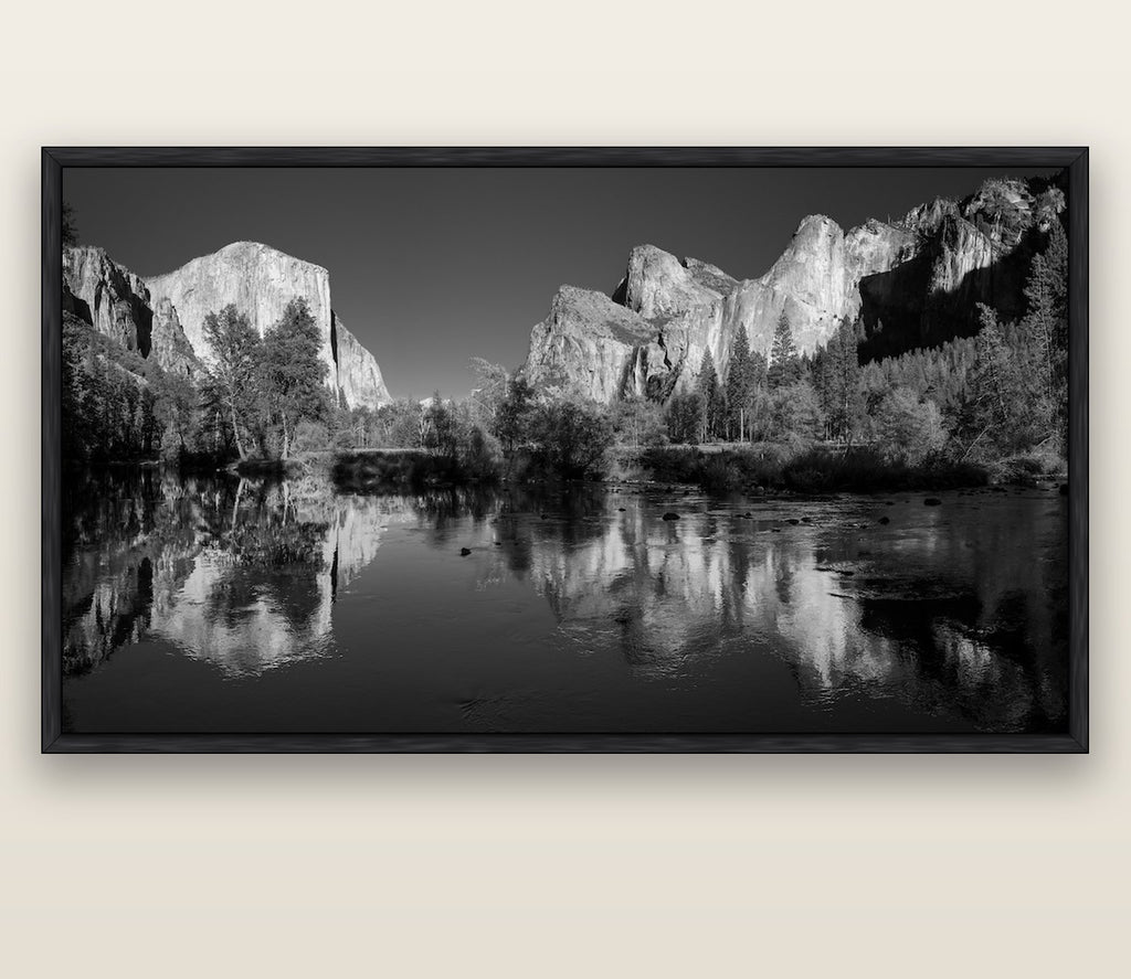 Yosemite Calm Reflection, Valley View — black float frame canvas, 200 × 130 cm. New Zealand fine art landscape wall art by Stephen Milner.