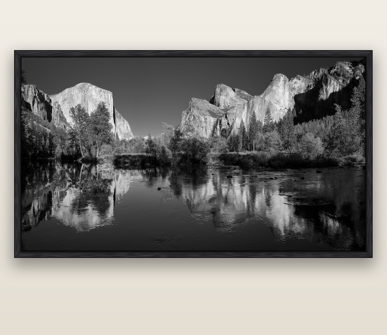 Yosemite Calm Reflection, Valley View — black float frame canvas, 200 × 130 cm. New Zealand fine art landscape wall art by Stephen Milner.