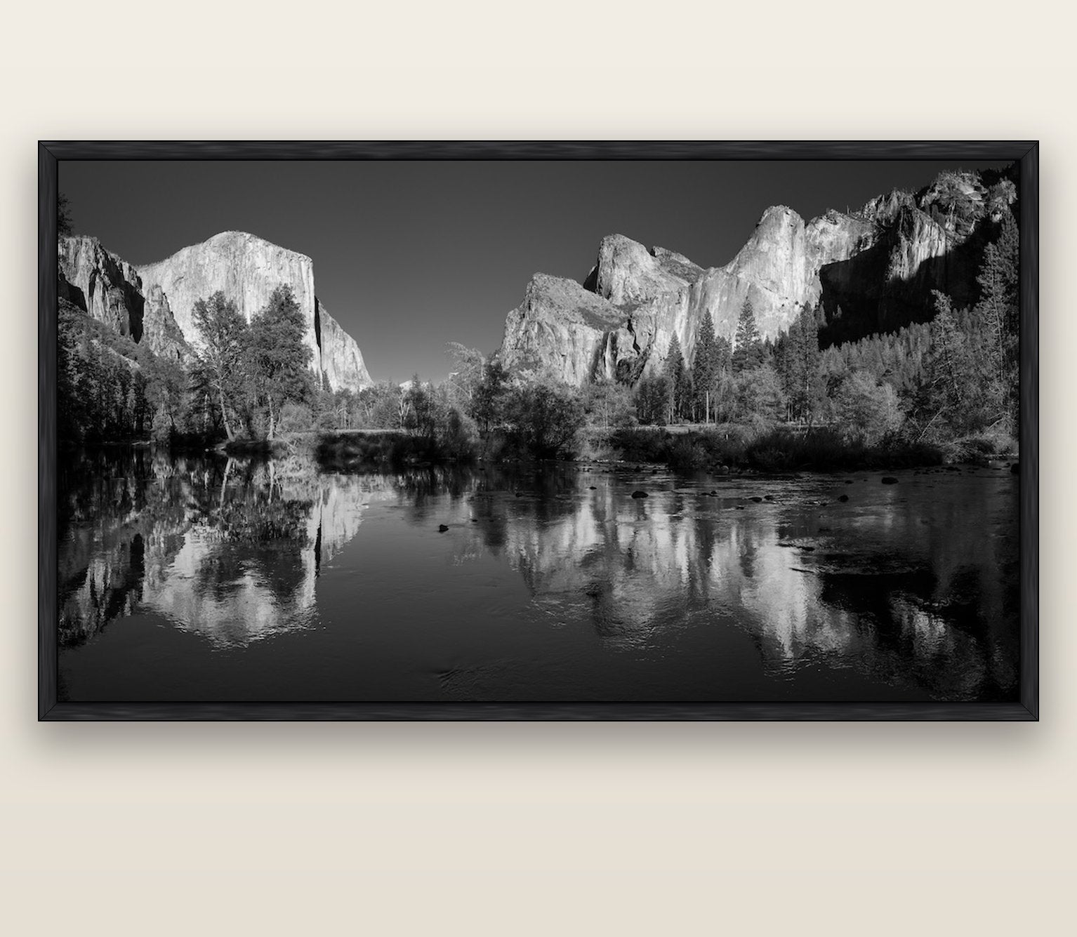 Yosemite Calm Reflection, Valley View — black float frame canvas, 201 × 99 cm. New Zealand fine art landscape wall art by Stephen Milner.