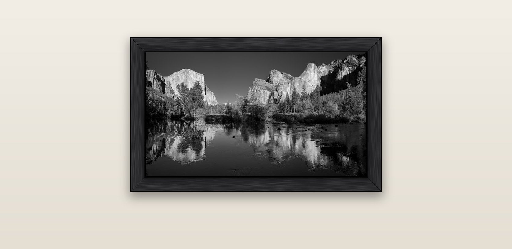 Yosemite Calm Reflection, Valley View — black float frame canvas, 61 × 36 cm. New Zealand fine art landscape wall art by Stephen Milner.