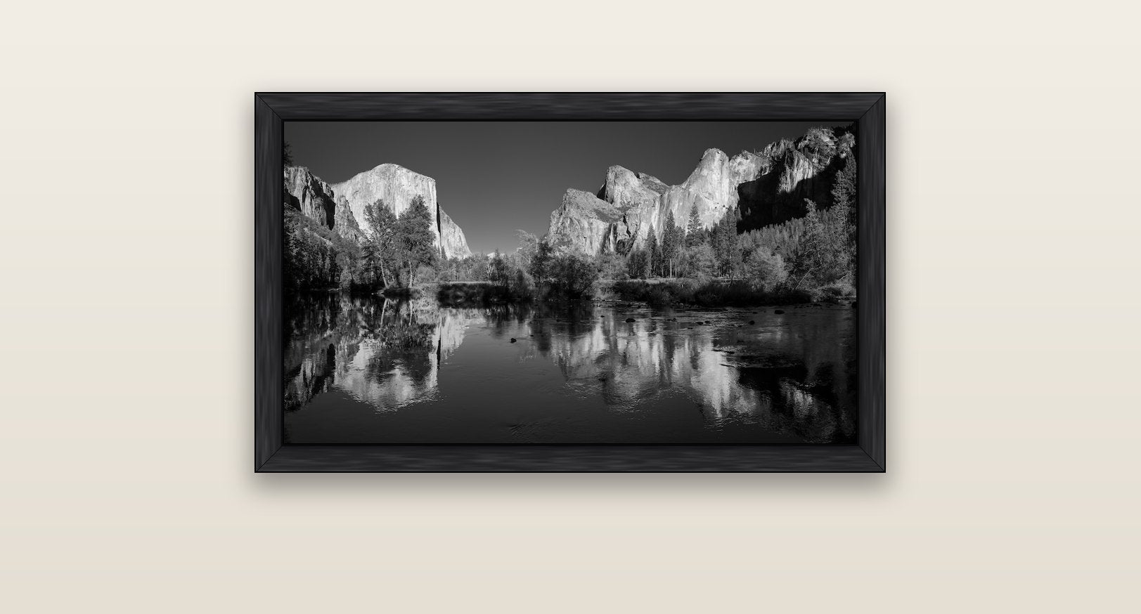 Yosemite Calm Reflection, Valley View — black float frame canvas, 81 × 46 cm. New Zealand fine art landscape wall art by Stephen Milner.