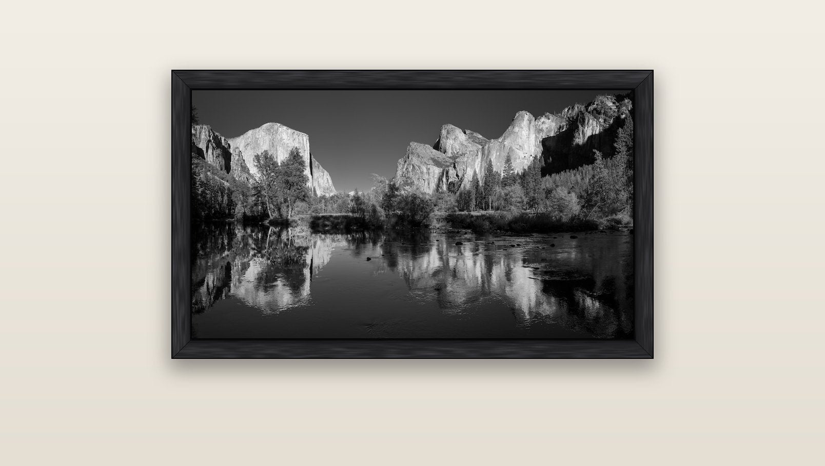 Yosemite Calm Reflection, Valley View — black float frame canvas, 91 × 51 cm. New Zealand fine art landscape wall art by Stephen Milner.