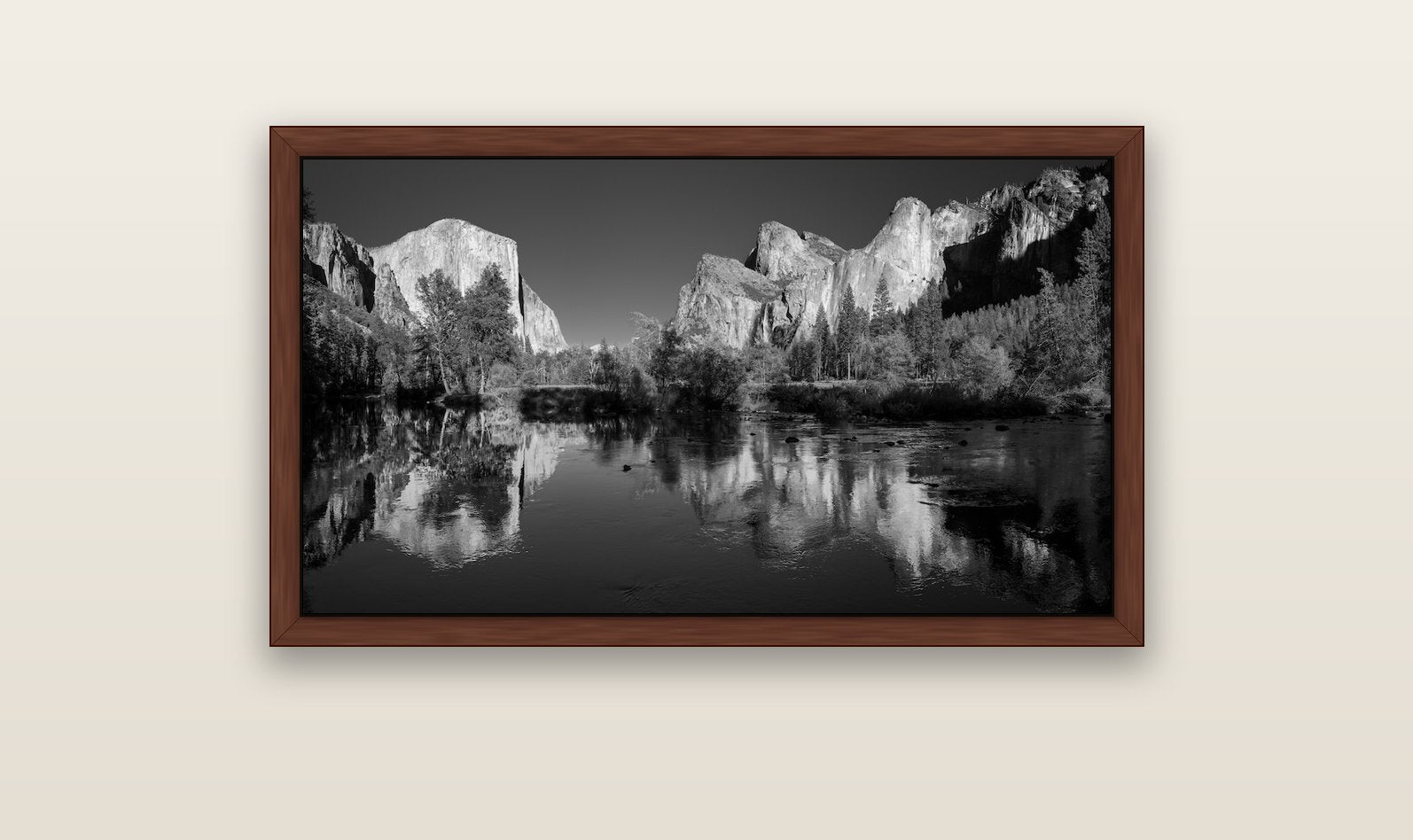 Yosemite Calm Reflection, Valley View — brown float frame canvas, 102 × 56 cm. New Zealand fine art landscape wall art by Stephen Milner.