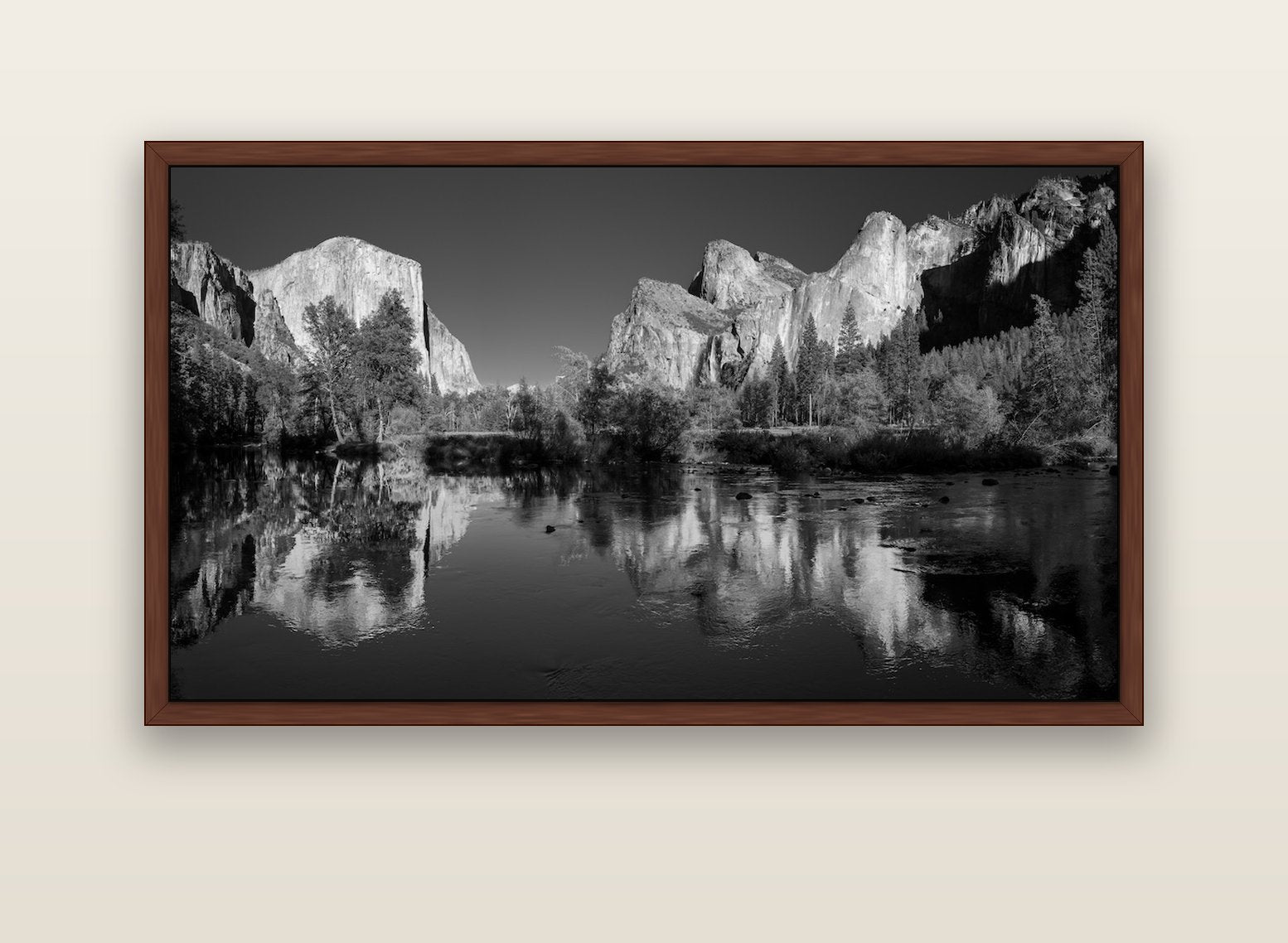 Yosemite Calm Reflection, Valley View — brown float frame canvas, 152 × 86 cm. New Zealand fine art landscape wall art by Stephen Milner.