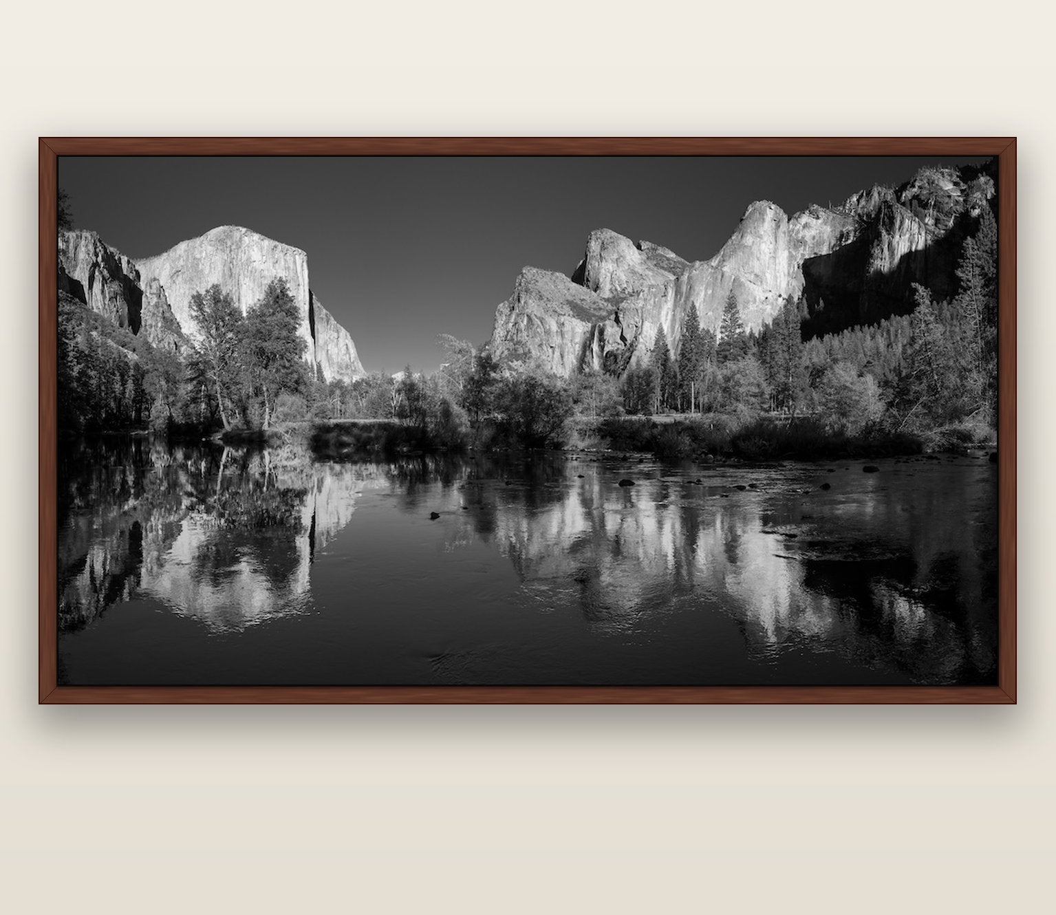 Yosemite Calm Reflection, Valley View — brown float frame canvas, 200 × 130 cm. New Zealand fine art landscape wall art by Stephen Milner.