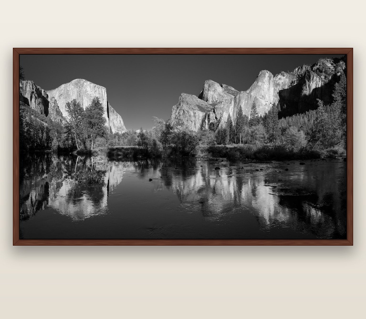 Yosemite Calm Reflection, Valley View — brown float frame canvas, 201 × 99 cm. New Zealand fine art landscape wall art by Stephen Milner.