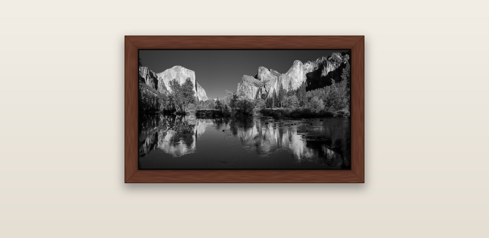 Yosemite Calm Reflection, Valley View — brown float frame canvas, 61 × 36 cm. New Zealand fine art landscape wall art by Stephen Milner.
