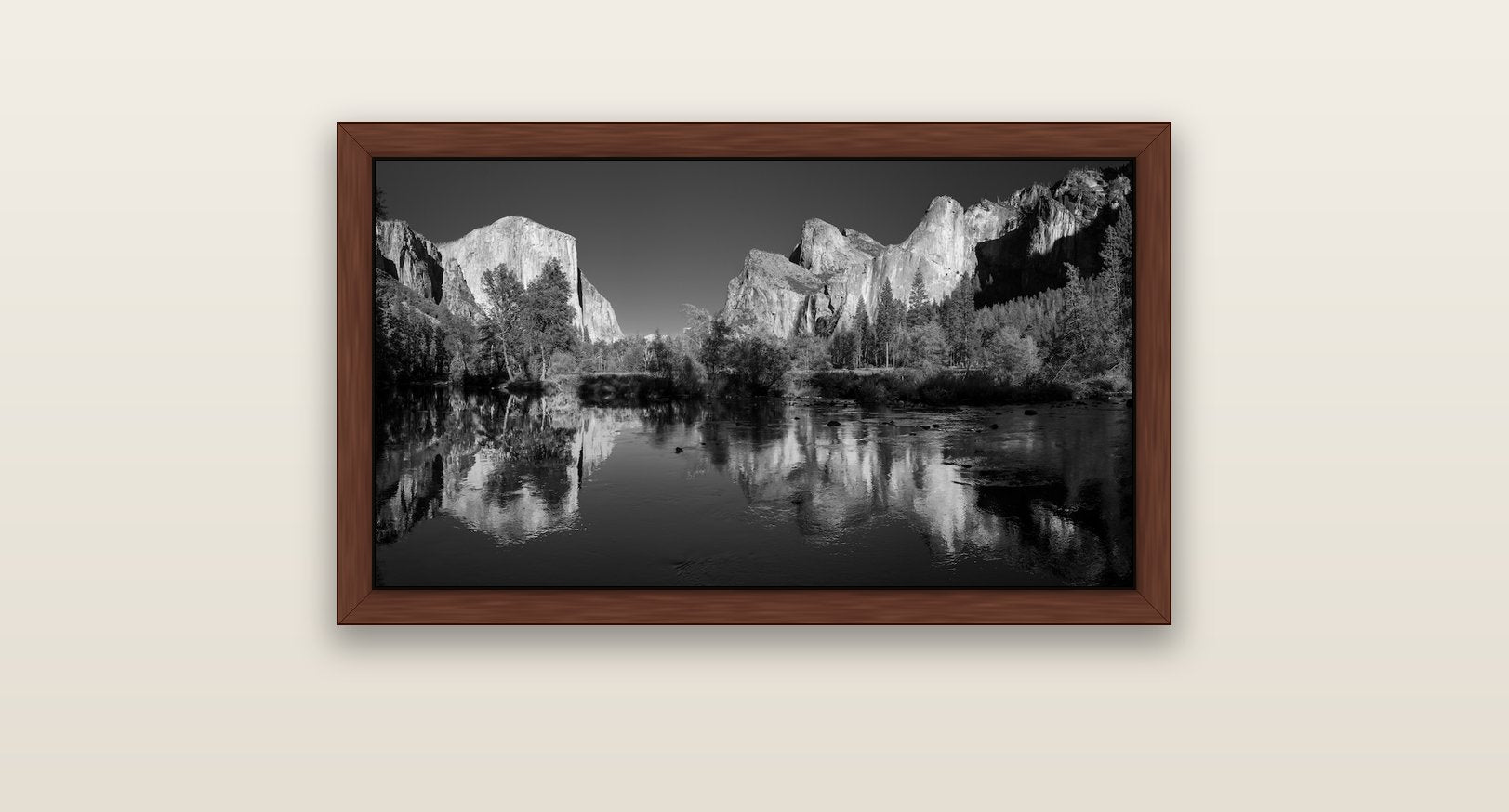 Yosemite Calm Reflection, Valley View — brown float frame canvas, 81 × 46 cm. New Zealand fine art landscape wall art by Stephen Milner.