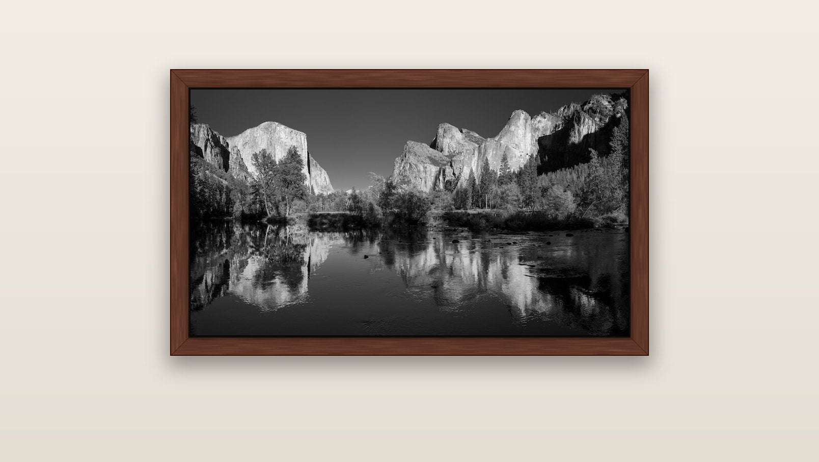 Yosemite Calm Reflection, Valley View — brown float frame canvas, 91 × 51 cm. New Zealand fine art landscape wall art by Stephen Milner.