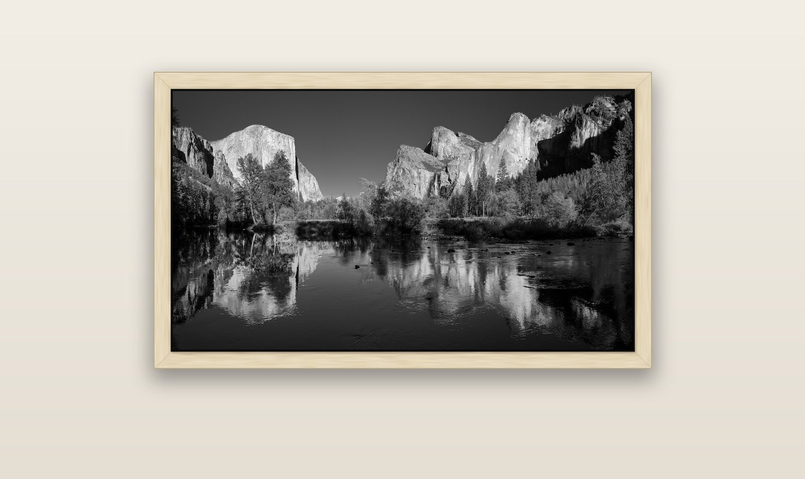 Yosemite Calm Reflection, Valley View — natural float frame canvas, 102 × 56 cm. New Zealand fine art landscape wall art by Stephen Milner.
