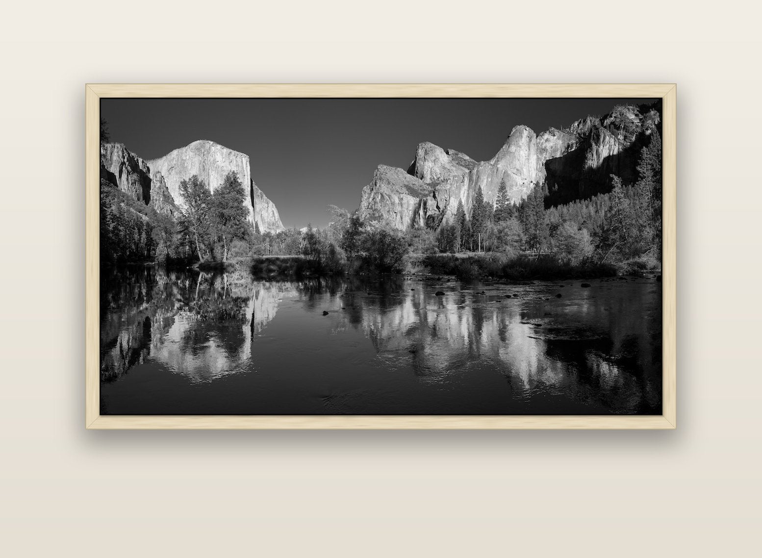 Yosemite Calm Reflection, Valley View — natural float frame canvas, 152 × 86 cm. New Zealand fine art landscape wall art by Stephen Milner.