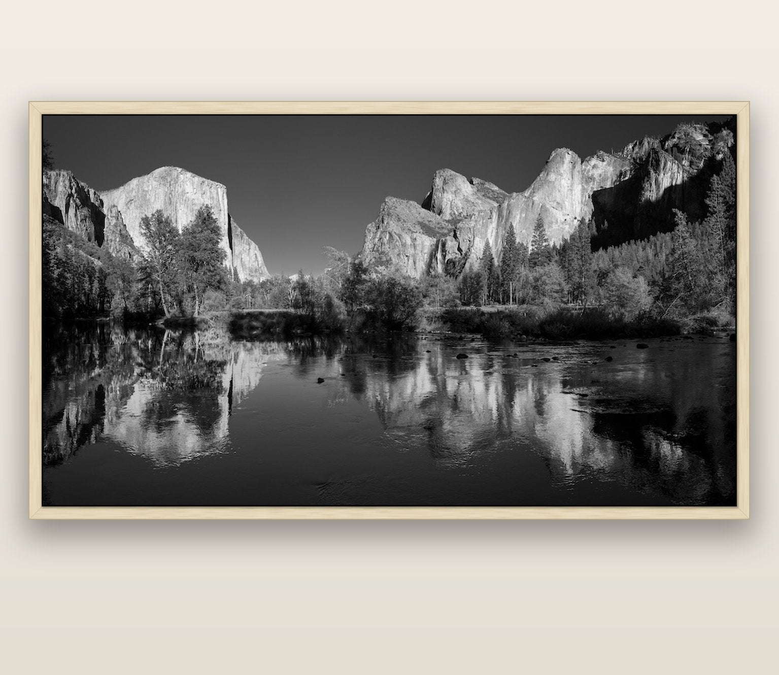 Yosemite Calm Reflection, Valley View — natural float frame canvas, 200 × 130 cm. New Zealand fine art landscape wall art by Stephen Milner.