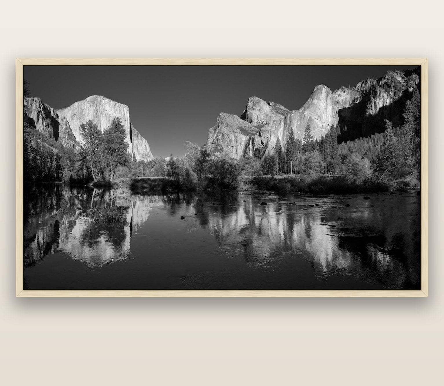 Yosemite Calm Reflection, Valley View — natural float frame canvas, 201 × 99 cm. New Zealand fine art landscape wall art by Stephen Milner.