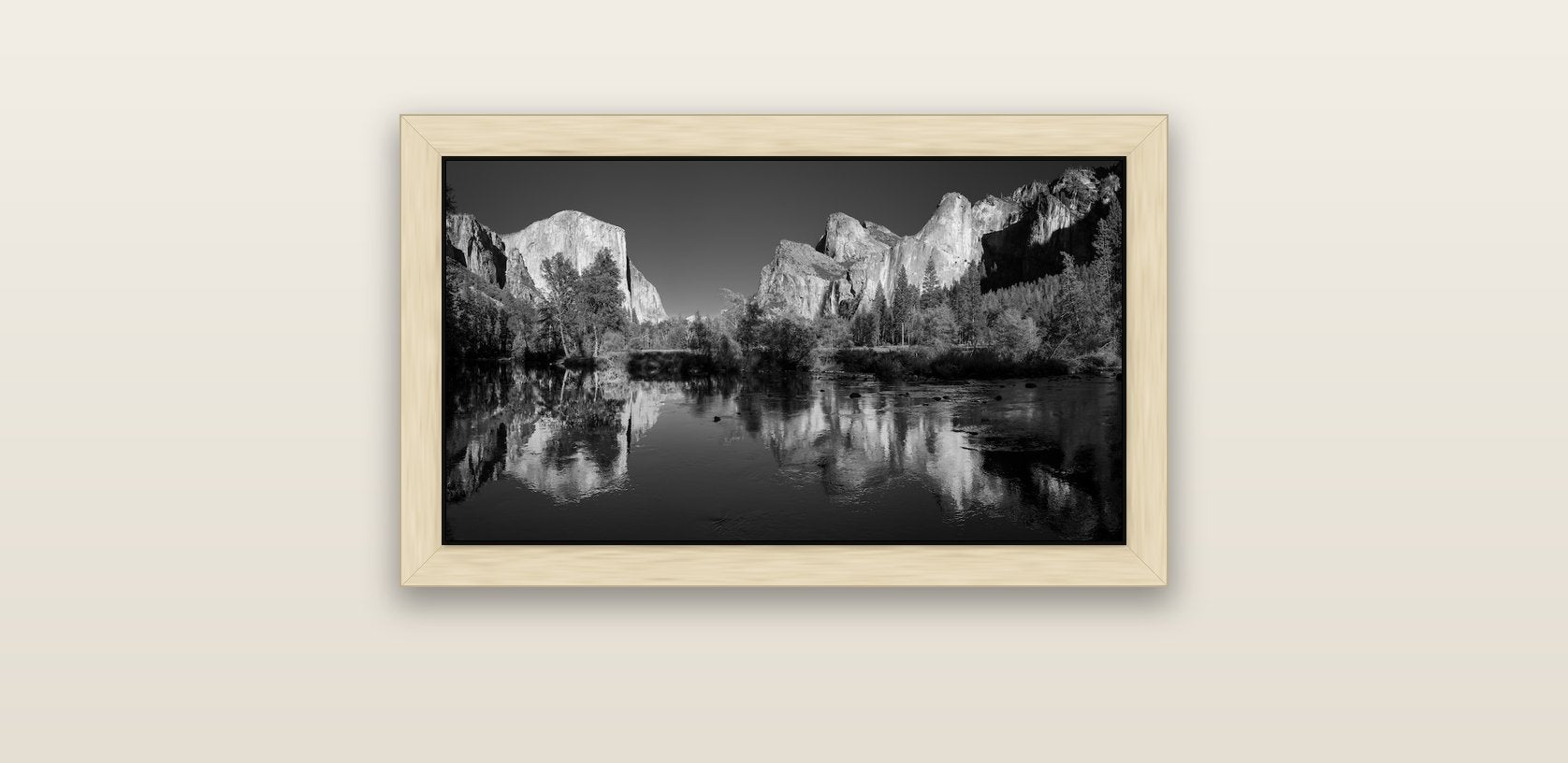 Yosemite Calm Reflection, Valley View — natural float frame canvas, 61 × 36 cm. New Zealand fine art landscape wall art by Stephen Milner.