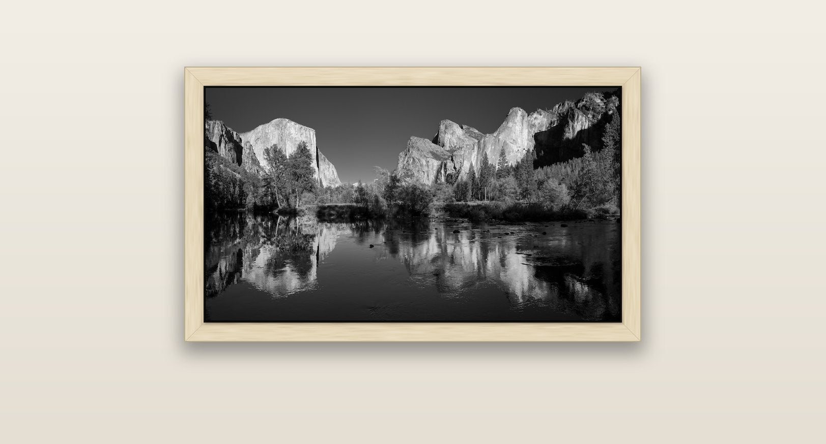 Yosemite Calm Reflection, Valley View — natural float frame canvas, 81 × 46 cm. New Zealand fine art landscape wall art by Stephen Milner.
