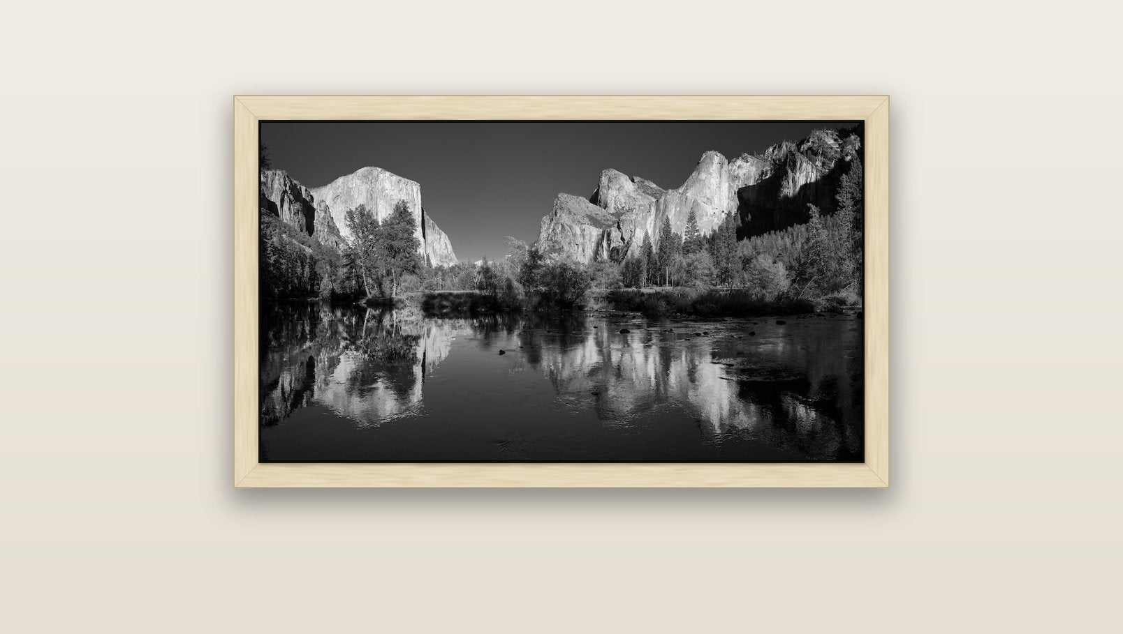 Yosemite Calm Reflection, Valley View — natural float frame canvas, 91 × 51 cm. New Zealand fine art landscape wall art by Stephen Milner.