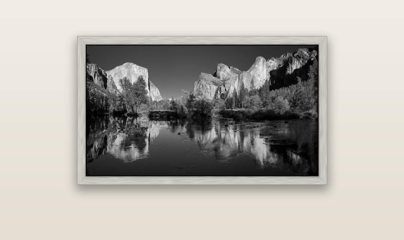 Yosemite Calm Reflection, Valley View — silver float frame canvas, 102 × 56 cm. New Zealand fine art landscape wall art by Stephen Milner.