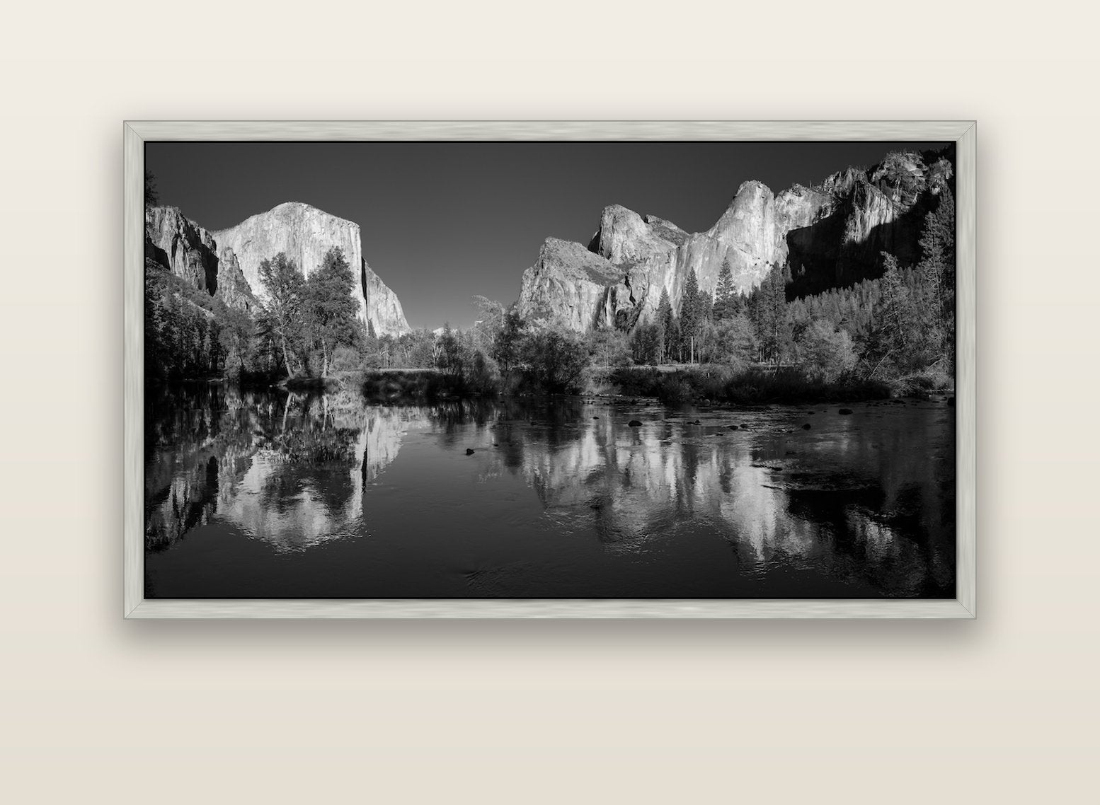 Yosemite Calm Reflection, Valley View — silver float frame canvas, 152 × 86 cm. New Zealand fine art landscape wall art by Stephen Milner.