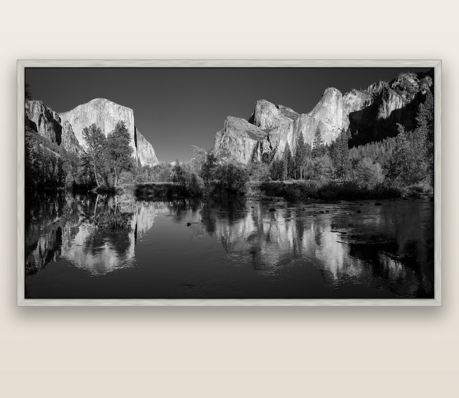 Yosemite Calm Reflection, Valley View — silver float frame canvas, 200 × 130 cm. New Zealand fine art landscape wall art by Stephen Milner.