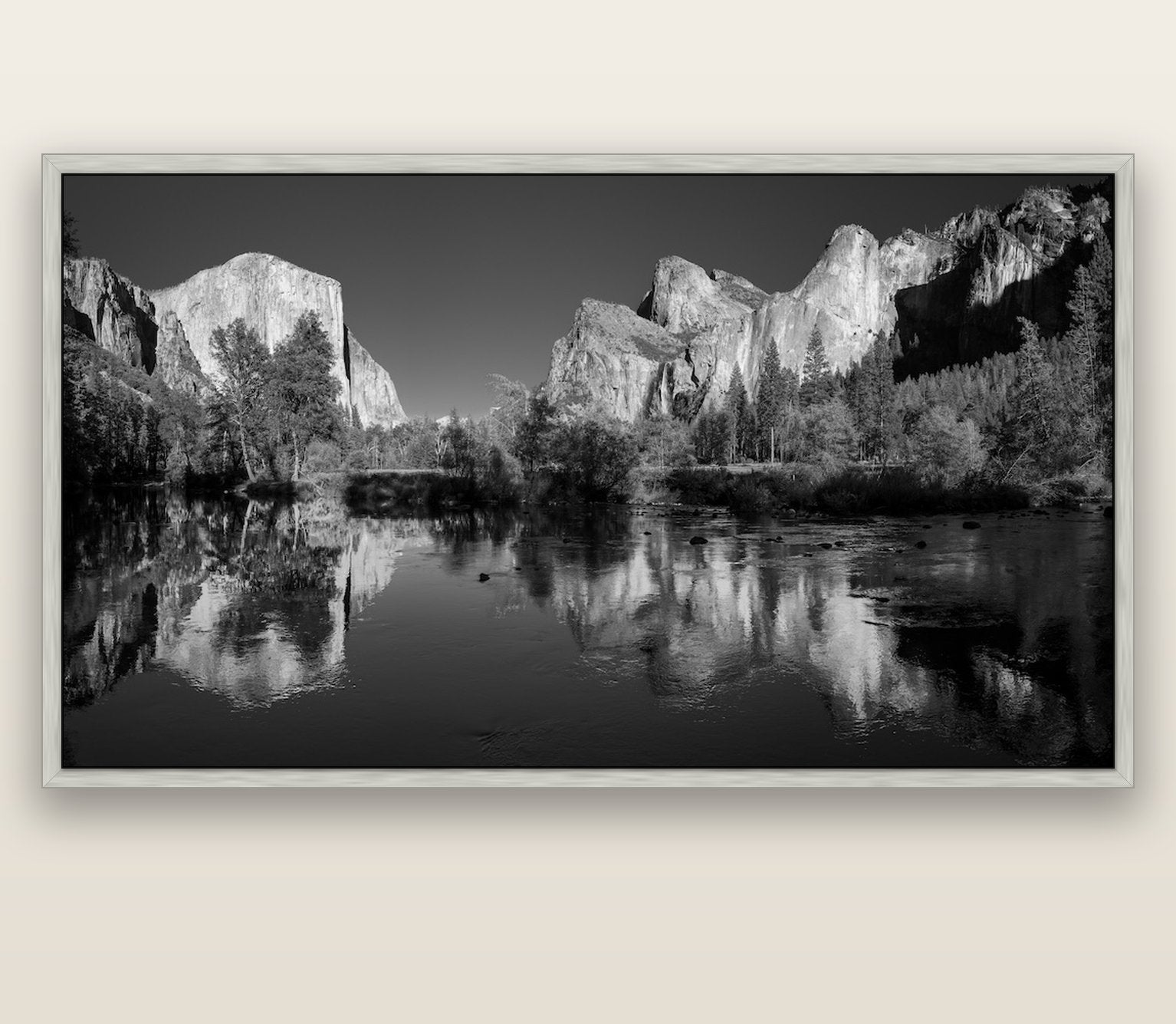 Yosemite Calm Reflection, Valley View — silver float frame canvas, 201 × 99 cm. New Zealand fine art landscape wall art by Stephen Milner.