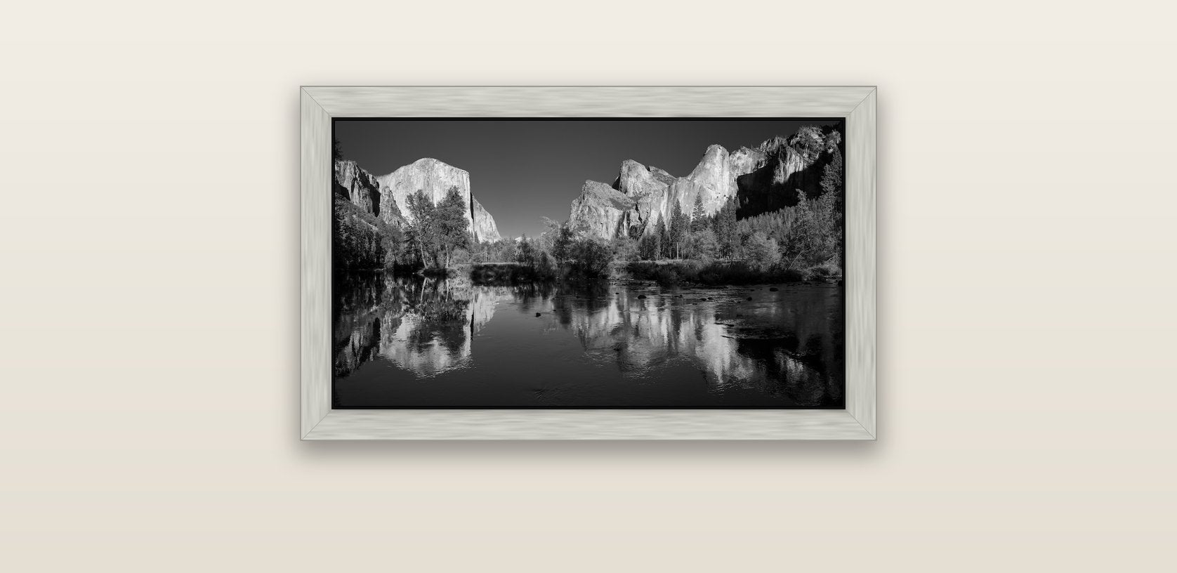 Yosemite Calm Reflection, Valley View — silver float frame canvas, 61 × 36 cm. New Zealand fine art landscape wall art by Stephen Milner.
