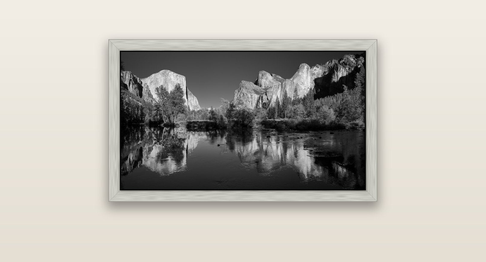 Yosemite Calm Reflection, Valley View — silver float frame canvas, 81 × 46 cm. New Zealand fine art landscape wall art by Stephen Milner.